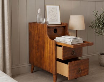 End Table with 2 Drawers and Pull Out Tray, Solid Wood Nightstand Side Table for Living Room Bedroom Storage