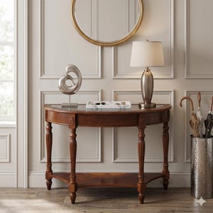 Glass Top Console Table Demi Lune Cherry Walnut, Solid Wood Entryway Table with Drawer, Victorian Style Sofa Table for Hallway