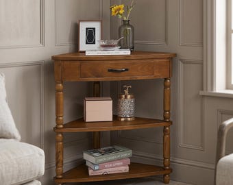 Corner Table with Drawer, 3 Tier Wood Side Table, Triangle Shelf Stand for Living Room Small Space Storage