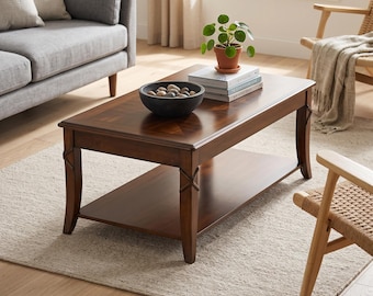 Mesa rectangular de estilo de mediados de siglo, mesa moderna de madera maciza para sala de estar con estante de almacenamiento.