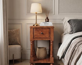 Schmales Mid Century Holz Nachtkästchen mit Schublade, schlanke Nachttisch Aufbewahrung