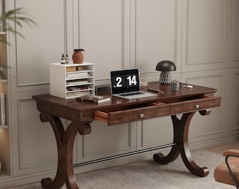 Solid Wood Writing Desk with Drawers, Traditional Home Office Desk, Large Wooden Computer Desk for Study Workspace