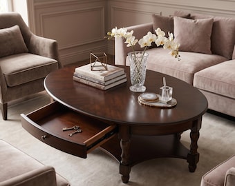 2 Tier Solid Wood Victorian Antique Ellipse Table, Dark Walnut Living Room Center Coffee Table