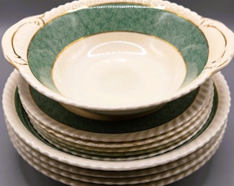 Juego de 10 piezas de vajilla vintage Johnson Bros Powder Border, de loza verde transferida, fabricada en Inglaterra. Diseño descatalogado.