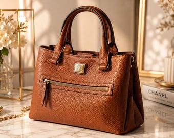 Bolso bandolera vintage Anne Klein de piel sintética granulada marrón con logo de león dorado, estructurado y con asa superior.