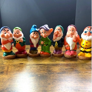 Può includere: Un set di sette statuette di nani in plastica colorata disposte in fila. Ogni personaggio presenta un abbigliamento, un cappello e un'espressione facciale unici, con i nomi impressi sulla base. La collezione include figure nei colori rosso, verde, blu e giallo.
