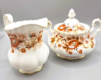 Royal Albert Andenken 1960 Milchkännchen Zuckerdose England Floral Gold Trim Minor Rim Chip