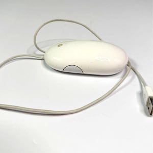 Peut inclure: Une souris d'ordinateur blanche de forme ovale avec une finition lisse et brillante. L'appareil présente un bouton circulaire unique sur le côté et est relié à un long câble blanc fin qui se termine par une prise connecteur USB-A standard.