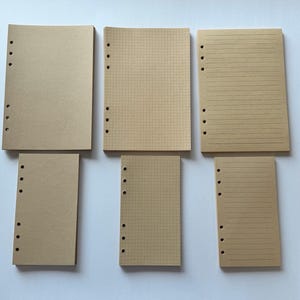May include: Six sheets of tan-colored paper with pre-punched holes for a binder. Two sheets are blank, two have grid lines, and two have horizontal lines. The paper is arranged on a white surface.