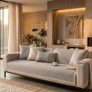 May include: A contemporary sofa in neutral tones, with several cushions. The sofa has a light beige, textured fabric and a dark metal frame. A small white teacup rests on the sofa. The room has a warm, inviting atmosphere, with a rug and curtains.