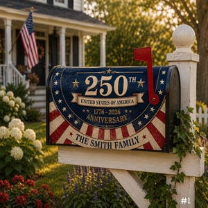 May include: A blue and red mailbox with a patriotic design celebrating the 250th anniversary of the United States. The mailbox features the text "250th", "United States of America", "1776-2026 Anniversary", and "The Smith Family".