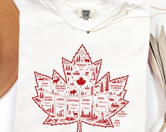 Camiseta con la hoja de arce de Canadá, camiseta gráfica de provincias y ciudades, recuerdo de estilo artístico vintage.