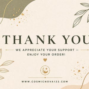 Puede incluir: Tarjeta de agradecimiento con fondo beige. El texto "THANK YOU" est&aacute; escrito en una fuente oscura. La tarjeta incluye el texto "WE APPRECIATE YOUR SUPPORT - ENJOY YOUR ORDER!" y elementos florales y abstractos.