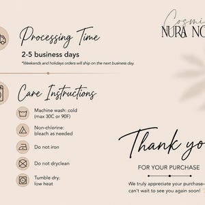 Puede incluir: Una tarjeta beige con el texto "Processing Time" y "Care Instructions". La tarjeta tambi&eacute;n incluye el texto "Thank you for your purchase" y el logotipo "Cosmic Nura Nova".