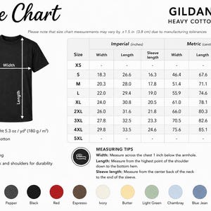 Puede incluir: Una camiseta negra Gildan 5000 de algod&oacute;n pesado con una tabla de tallas. La tabla incluye medidas en pulgadas y cent&iacute;metros para el ancho, largo y largo de manga, que van desde la XS hasta la 5XL. La camiseta es de peso pesado, 100% algod&oacute;n estadounidense y de corte cl&aacute;sico.