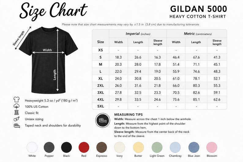 Puede incluir: Una camiseta negra Gildan 5000 de algod&oacute;n pesado con una tabla de tallas. La tabla incluye medidas en pulgadas y cent&iacute;metros para el ancho, largo y largo de manga, que van desde la XS hasta la 5XL. La camiseta es de peso pesado, 100% algod&oacute;n estadounidense y de corte cl&aacute;sico.