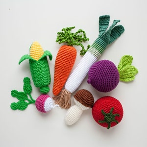 Crochet Play Food Vegetables, Toy for Baby 6-12 Months, Carrot, Corn, Radish, Tomato, Mushroom, Leek, Beet