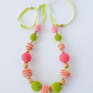 Handmade Wooden Beaded Necklace For Mom To Wear Pink, Spring Green image 2