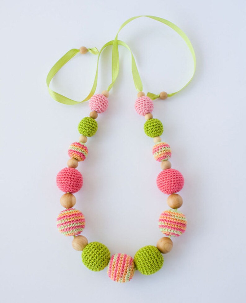 Handmade Wooden Beaded Necklace For Mom To Wear Pink, Spring Green image 2