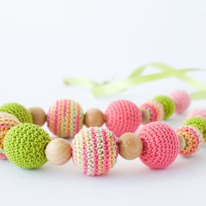 Handmade Wooden Beaded Necklace For Mom To Wear Pink, Spring Green image 1