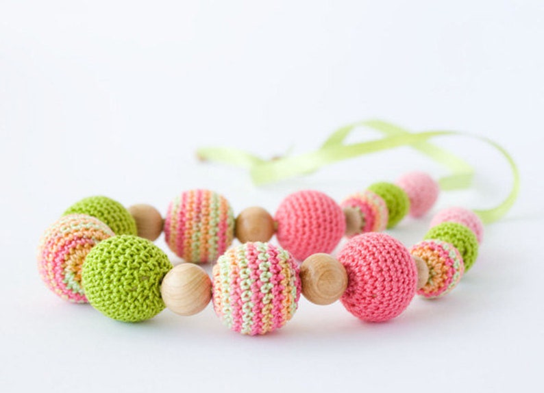 Handmade Wooden Beaded Necklace For Mom To Wear Pink, Spring Green image 1