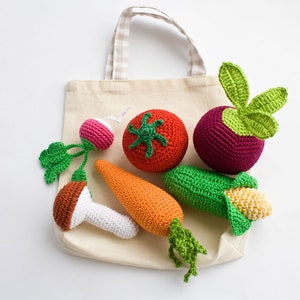 Crochet Vegetables Rattle Baby Toys with Tote Bag, Crochet Play Food Set, 6 12 Months Baby Toys image 1