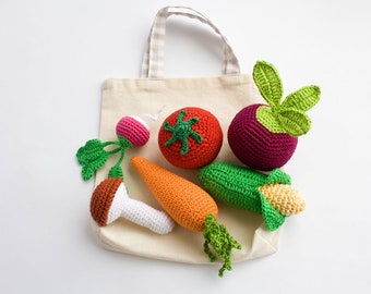 Hochet de légumes au crochet, jouets pour bébé avec sac fourre-tout, jeu de nourriture au crochet, jouets pour bébé de 6 à 12 mois