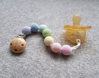 Rainbow Wooden Pacifier Clip, Beaded Soothie Holder, Binky Clip, Gift For Baby Kids, Shower Gift