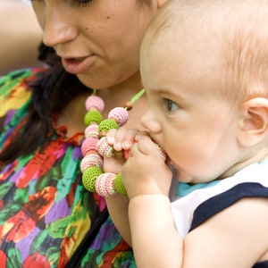 Handmade Wooden Beaded Necklace For Mom To Wear Pink, Spring Green image 3