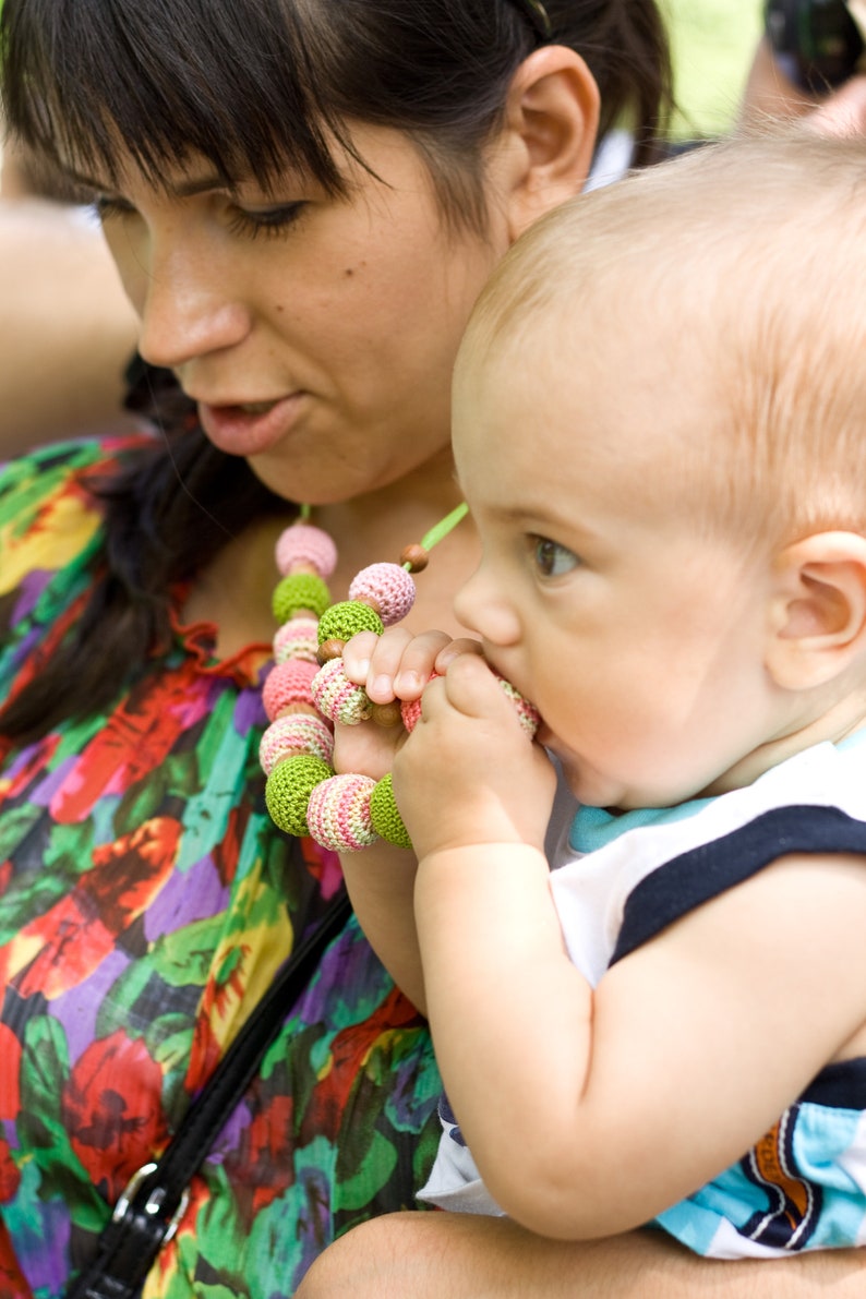 Handmade Wooden Beaded Necklace For Mom To Wear Pink, Spring Green image 3