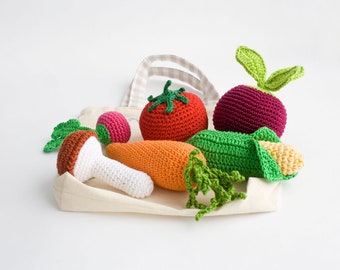 Crochet Vegetables Rattle Baby Toys with Tote Bag, Crochet Play Food Set, 6 12 Months Baby Toys