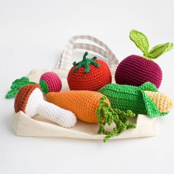Sonajero de verduras de ganchillo para bebé con bolsa de tela, juego de comida de ganchillo, juguetes para bebés de 6 a 12 meses