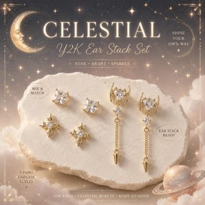 May include: A celestial-themed Y2K ear stack set featuring gold-toned earrings with star, heart, and sparkle designs. The set includes square-cut stud earrings, starburst studs, and dangling earrings with chain and cone details. The image includes the text "CELESTIAL Y2K Ear Stack Set".