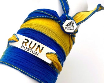 RUN Boston Blended Button Silk Wrap Bracelet ATHLETE INSPIRED Run Boston, Unicorn Jewelry, Gift for Boston Runner, Boston Races, Boston Run