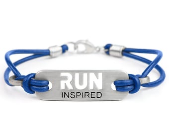 BOSTON - Run Inspired - Pulsera de cuero azul inspiradora Run Boston Strong, pulsera Run Boston, regalos para corredores, motivación para corredores