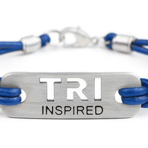 Triathlon Bracelet - TRI Inspired Blue or Black Leather, ATHLETE INSPIRED Triathlon Inspirational Gifts for Triathletes, Triathlon Gifts