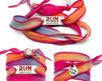 RUN Inspired - Running Silk Wrap Bracelet - Pink, Inspirational Run Jewelry, Gift for Runners, Running Motivation, Running Run Bracelet