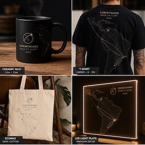 Può includere: Stampa incorniciata, tazza nera, maglietta nera, borsa tote e piastra luminosa a LED con una mappa e il testo "CORINTHIANS ROAD TO GLORY". Gli articoli sono in nero, bianco e oro.