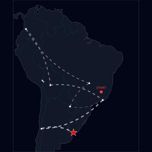 May include: A dark blue map of South America with a network of dashed white lines connecting various points. A red star marks a location in the south, and a red dot with the word "START" is in the east.