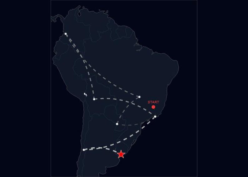May include: A dark blue map of South America with a network of dashed white lines connecting various points. A red star marks a location in the south, and a red dot with the word "START" is in the east.