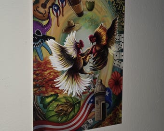 Pelea de Gallos.. Este Arte Representa todos los Elementos que nos Distinguen como Puertorriqueño. Puede Apreciar la Cultura de Puerto Rico.