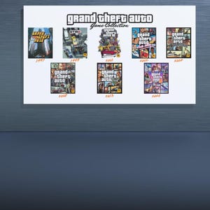 May include: A rectangular wall poster titled Grand Theft Auto Game Collection featuring eight individual video game cover art images arranged in two rows, each labeled with its respective release year in orange text against a white background.
