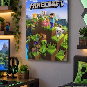 May include: A rectangular canvas wall art print featuring the Minecraft logo at the top. The artwork displays a blocky landscape with characters including Steve, Alex, a pig, a wolf, a sheep, a creeper, a zombie, a skeleton, and a spider.