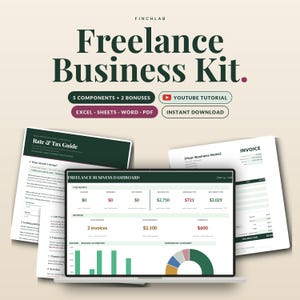 Könnte beinhalten: Ein digitales Freelance Business Kit mit einem Laptop, der ein Dashboard mit Finanzdiagrammen, Einnahmen und Ausgaben anzeigt. Enthalten sind Dokumente mit den Titeln Rate & Tax Guide und Invoice sowie Hinweise auf 5 Komponenten und 2 Boni.