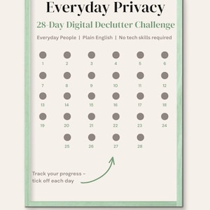 Könnte beinhalten: Ein digitaler Entrümpelungs-Challenge-Leitfaden mit dem Titel "Everyday Privacy". Der Leitfaden enthält einen 28-Tage-Kalender mit nummerierten Kreisen zur Fortschrittsverfolgung. Text beinhaltet "Everyday People | Plain English | No tech skills required".