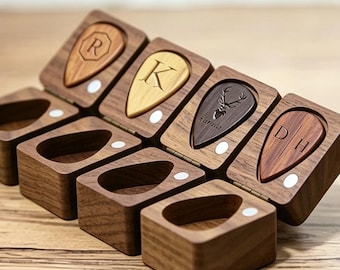 Caja de madera personalizada para púas de guitarra, soporte grabado a medida, estuche de nogal para púas, regalo para músicos.