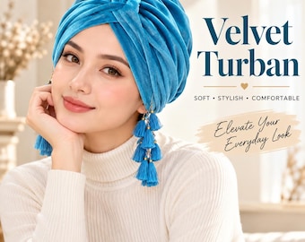 Cappello turbante da donna in velluto, fascia per capelli plissettata, copricapo elasticizzato con nappe pre-annodate.
