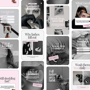 Pode incluir: Uma coleção de gráficos educativos para redes sociais com fotografias a preto e branco de pestanas e olhos. Os painéis incluem sobreposições de texto como How to keep them longer, Why lashes fall out, Sleep on your back e Wash them daily.