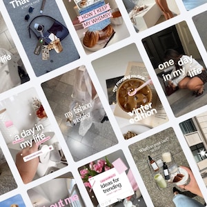 Puede incluir: Un collage de múltiples marcos de historias de redes sociales con contenido de estilo de vida, que incluye café helado, artículos de moda, arreglos florales y superposiciones de texto como 'a day in my life' y 'my fashion wishlist'.
