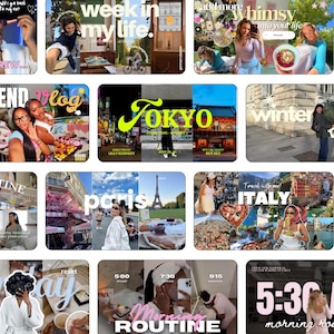 以下が含まれることがあります： ライフスタイルコンテンツ、旅行のVlog、毎日のルーティンを紹介するビデオサムネイルのコラージュ。画像には「week in my life」、「Tokyo」、「winter days」、「Paris」、「Italy」、「Sunday reset」、「5:30 AM morning routine」などのテキストオーバーレイが含まれています。